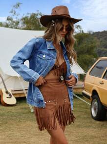 Breezaya 纯色休闲前扣长袖牛仔夹克，百搭 - 藍色 - 查看 5