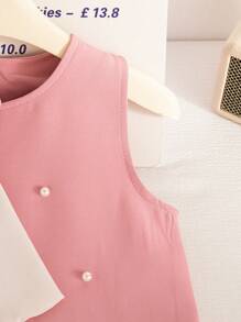 SHEIN Elladie kids Đầm công chúa đi làm đơn giản thanh lịch cổ chữ V không tay trang trí ngọc trai viền chữ A viền ren hoa phong cách Pháp cho bé gái mùa hè - Hồng - Xem 5
