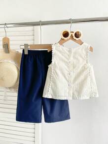 SHEIN 2件套女婴0-3岁春夏新款度假休闲无袖上衣和阔腿裤套装 - 白色 - 查看 3