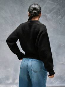 CasuGlow Áo len cardigan dệt kim màu đen cài nút phía trước cho nữ ấm áp thường ngày - màu đen - Xem 2