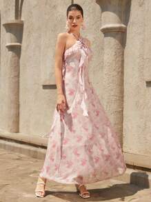 Revavyn Váy chữ A in hoa lưới không tay thủ công nhún eo cho kỳ nghỉ thường ngày dành cho nữ - Nhiều màu - Xem 6