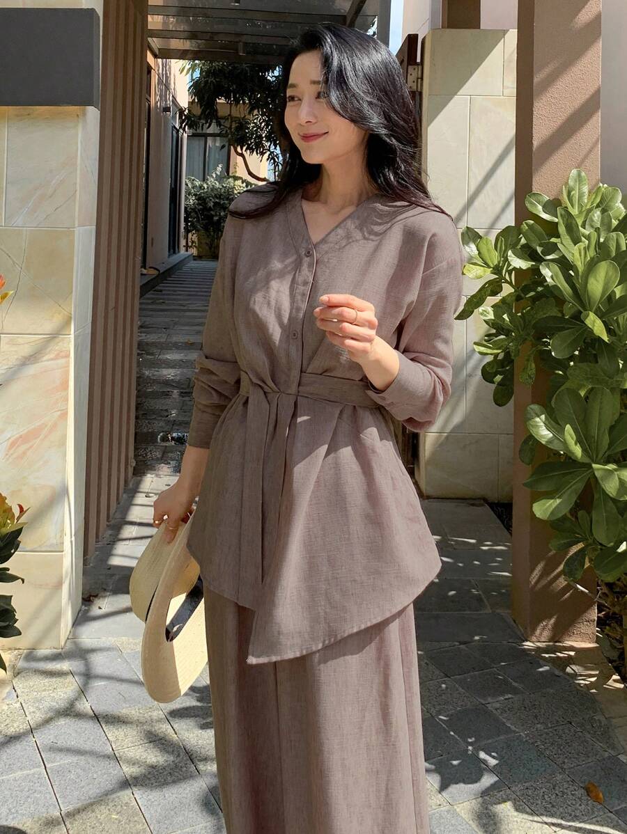 DAZY Elegant Asymmetric Blouse Top & Wide Leg Pants 2 Pieces Set For Women Fall/Winter Lounge Sets For Women - Rust Brown - View 1