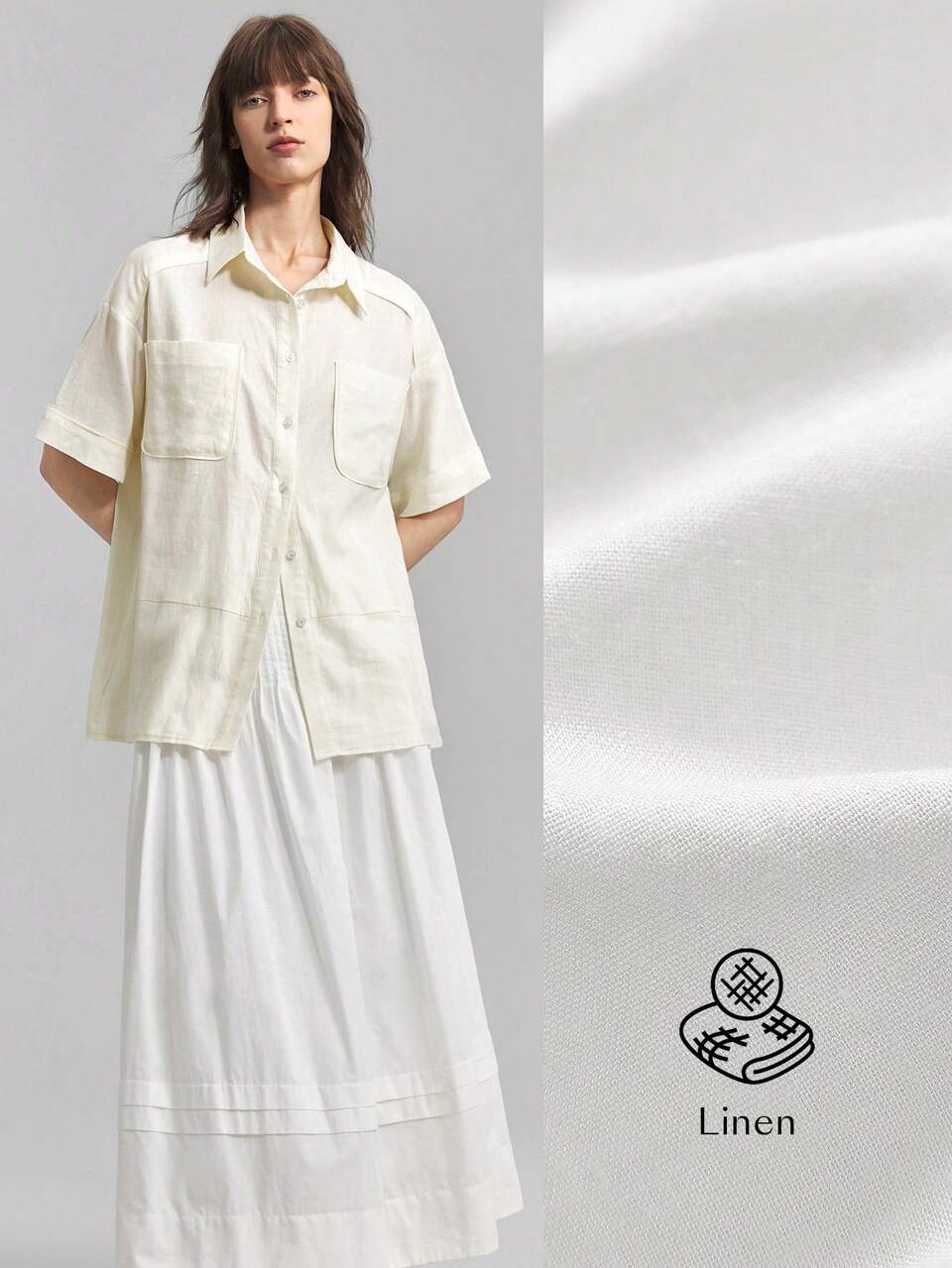 Women's Casual Cream White Summer Shirt,Elegant Short Linen Blouse With Dual Pockets,Lightweight Versatile Top For Daily Occasion,Music Festival,Work