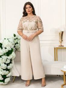 Ellevyn Curvy Plus Size Women's Romantic Elegant Daily Round Neck Short Sleeve Shiny Sequins Decoration Waist Wide Leg Apricot Jumpsuit,Wedding Guest Dress Women,Business Casual Woman,Birthday Outfits For Women,Country Concert Outfit,Festival Outfits For Women,Classy Outfits For Women,Jumpsuits For Woman Elegant,Romper,Jumpsuits For Woman,Bodysuits For Women,Summer Outfits For Women,Summer,Vacation Outfits Woman,Vacation,Women Summer Clothes,Going Out ,Plus Size Women Clothes,Clothes,Curve Plus