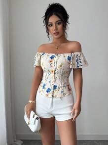 Elenzga Women's Vacation Floral Print One-Button Off-Shoulder Blouse