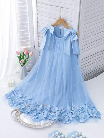 女孩优雅时尚荷叶边花朵珍珠缀饰网眼连衣裙