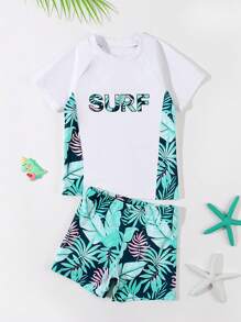 Boys Swimming Trunks Set - Print Rash Guard Shirt & Random Print Brief - Multicolor - View 3