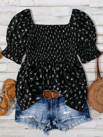 SHEIN CURVE+ 大码女式碎花方领泡泡袖收腰休闲衬衫，适合夏季