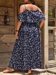 SHEIN LUNE Long Off-The-Shoulder Boho Dress With Flower Print For Plus-Size Women In Summer Vacation Outfits Dress,Summer Dresses For Women,Maxi Dress