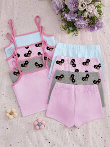 8件套女童简约时尚可爱印花图案吊带背心和三角裤内衣套装 - 彩色 - 查看 2