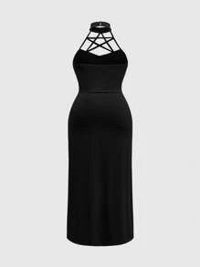 ROMWE Fairycore Plus Size Summer Elegant Dragon Print Halter Backless Dress - Black - View 2