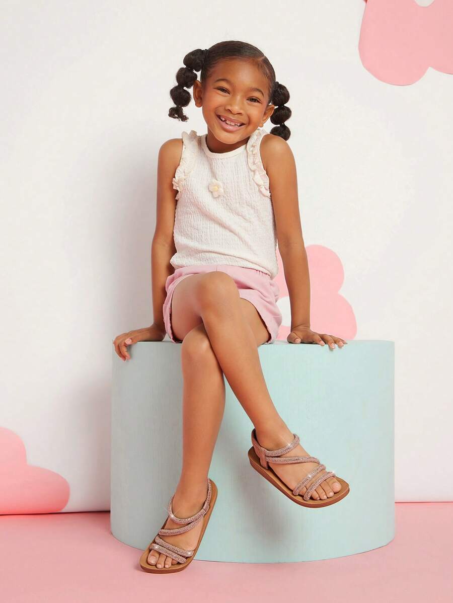 Mini mi #CoquetteAesthetic 女孩水钻珍珠系带露趾鞋床玫瑰金凉鞋 - 时尚、闪亮、舒适 - 玫瑰金 - 查看 1