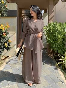 DAZY Elegant Asymmetric Blouse Top & Wide Leg Pants 2 Pieces Set For Women Fall/Winter Lounge Sets For Women - Rust Brown - View 3