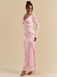 SHEIN BAE 秋季长袖长裙，浪漫荷叶边设计，约会，旅行，内衣，适合情人节，蝴蝶结，优雅女士连衣裙，节日连衣裙，正式连衣裙，中长连衣裙，夏季连衣裙，网眼，透视袖，休闲连衣裙，女士婚纱，加大码曲线，加大码生日礼服，曲线，晚会礼服，夏季，秋季 - 珊瑚粉 - 查看 5