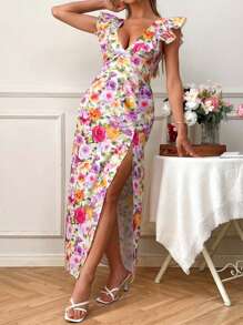 SHEIN VCAY Damen Große Größen Blumen Muster Tiefer V-Ausschnitt Rüschen Saum Sexy Urlaubs Kleid - Pink - Übersicht 3