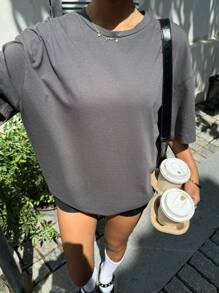 Muchica Áo thun nữ tay ngắn cổ tròn dáng rộng, in họa tiết, thích hợp cho mùa hè. - Màu xám đen - Xem 4