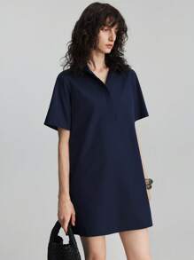Ontre 2025 Women's Casual Solid Color Loose Short Sleeve Mini Dress, Summer - Navy Blue - View 6
