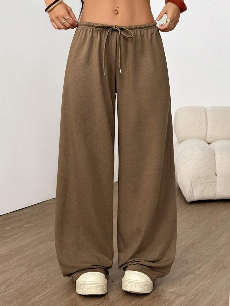 SHEIN EZwear Pantalones anchos de chándal de cintura con cordón, unicolor, casual para mujer. Pantalones cargo para graduación, regreso a la escuela, atuendos de maestro