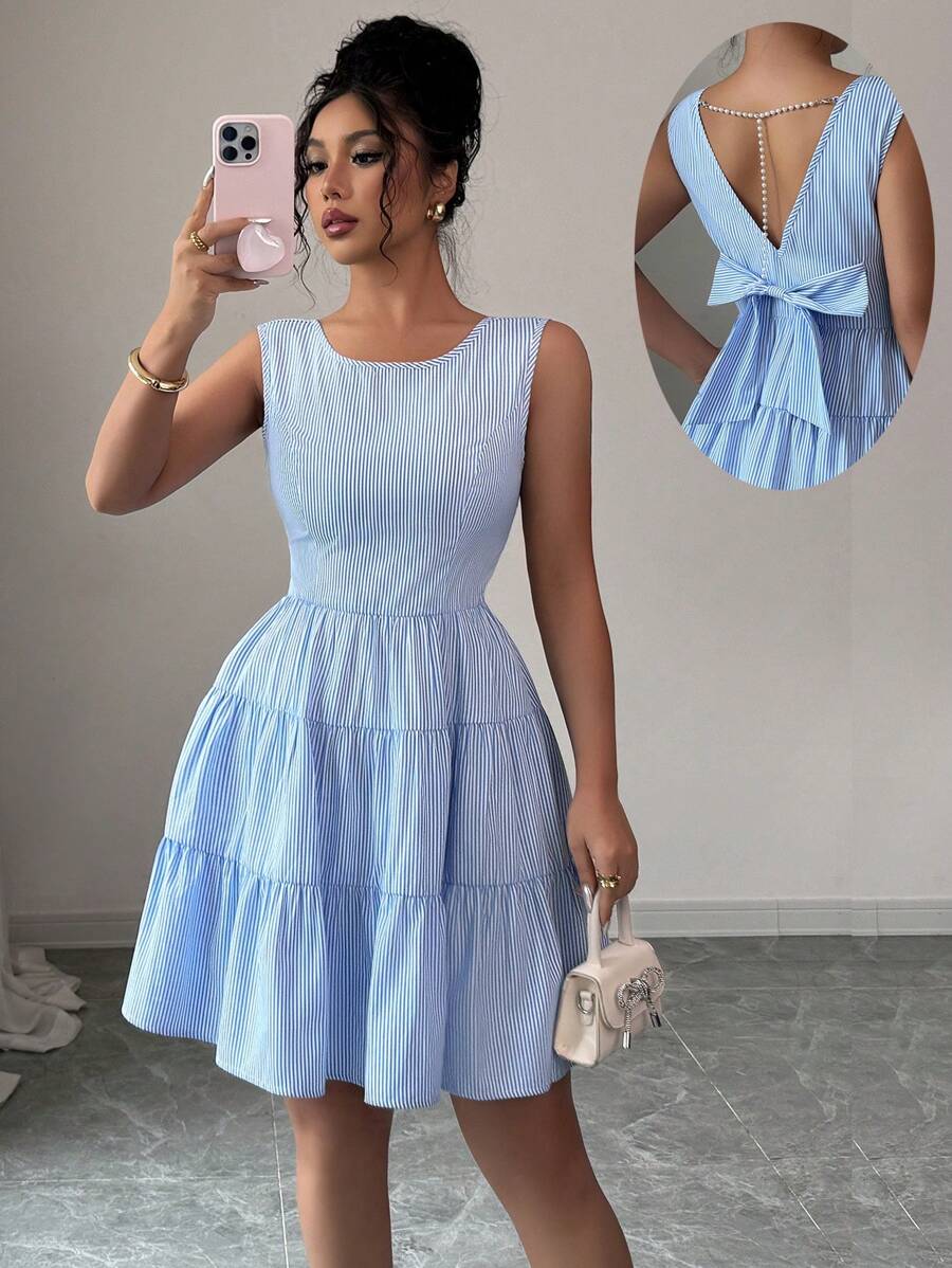 Elenzga 女式夏季条纹露背蝴蝶结装饰无袖休闲连衣裙 - 藍色 - 查看 1