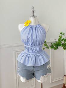 Comfortcana Plus Size Women Striped Ruffle Detail Halter Neck Casual Tank Top - Blue and White - View 4
