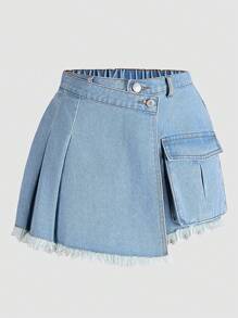 Teenage Girls Asymmetrical Design Snug Fit Casual Denim Skirt Shorts - Light Wash - View 3