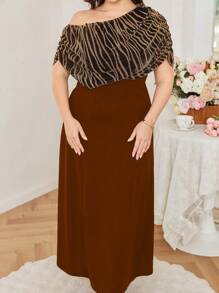 Modelyn Plus Size Slash Neck Striped Patchwork Bodycon Mini Dress, Slimming And Figure-Flattering