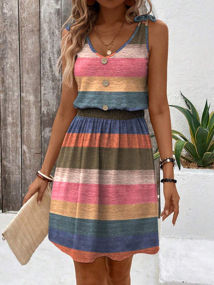 Vestido de envolvente de rayas de colores para mujer, ideal para vacaciones de verano, con cierre de botones, cintura elástica y cinturón, adecuado para vestir en la playa - Multicolor - Ver 1