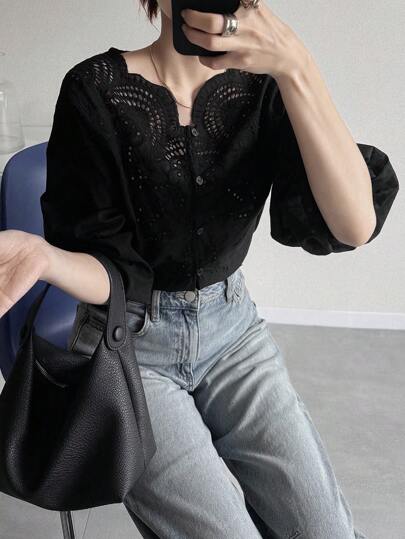 FRIFUL Blusa suelta de algodón con cuello de volantes bordados, elegante para salir en primavera/verano para mujeres