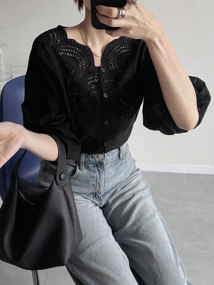 FRIFUL Áo kiểu nữ dáng rộng, thêu họa tiết, cổ bèo nhún, thanh lịch, thích hợp mặc đi chơi mùa xuân/hè. - màu đen - Xem 1