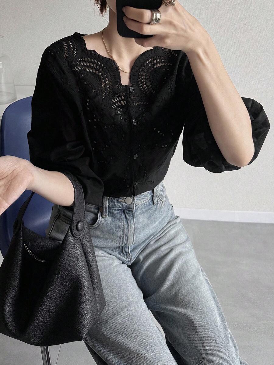 FRIFUL Áo kiểu nữ dáng rộng, thêu họa tiết, cổ bèo nhún, thanh lịch, thích hợp mặc đi chơi mùa xuân/hè. - màu đen - Xem 1