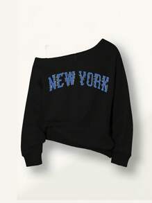 SHEIN Tween Girls Shoulder Cut-Out Floral Print Sweatshirt - Black - View 1