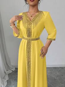 Elenzga Women's Elegant Fringe Sequin Patchwork Dress - Yellow - View 6