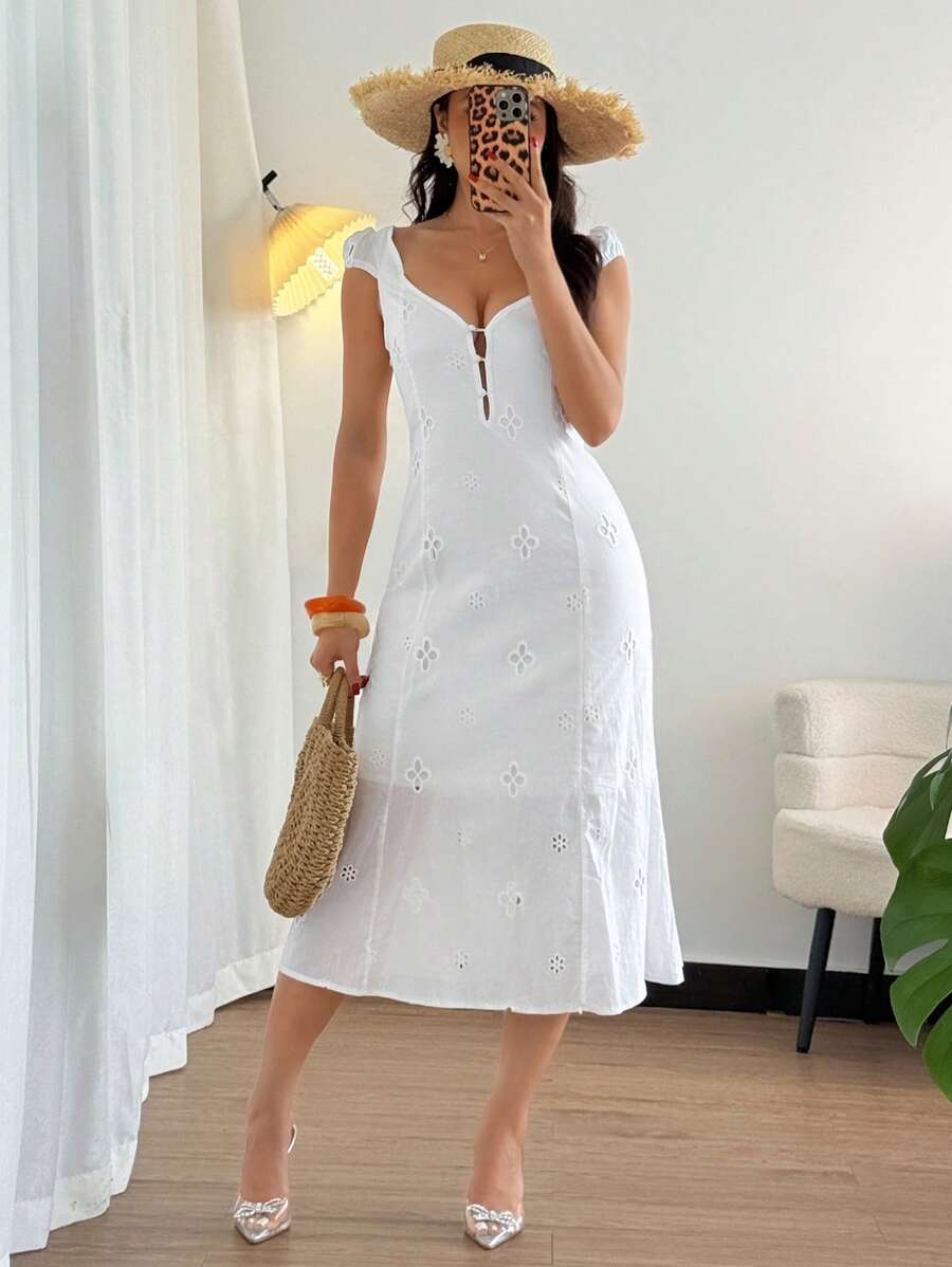 DAZY Women's Spaghetti Strap Waist Wrap Textural Fishtail Hem Dress,Beach Outfits - White - View 1