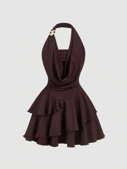 SHEIN MOD Vintage 70s Asymmetrical Mini Dress With Ruffle Details, Halter Neck, Beaded Decoration, Layered Cake Hem, And Draped Collar - Y2K Inspired, Perfect For Island Vacations, Parties, Dates, Birthday Celebrations, Afternoon Teas, And Festivals,Summer Dresses For Women,Sundresses For Women