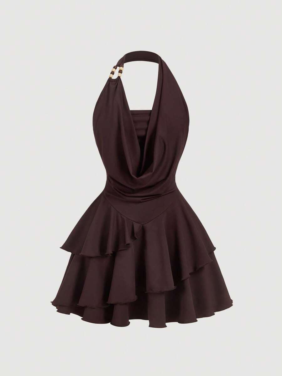 SHEIN MOD 复古 70 年代不对称迷你连衣裙，带有荷叶边细节、露背领、串珠装饰、分层蛋糕下摆和垂褶领 - 灵感来自 Y2K，非常适合海岛度假、派对、约会、生日庆祝、下午茶和节日！ - 咖啡 - 查看 1