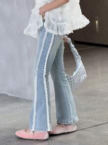 DAZY Tween Girl Denim Bell-Bottom Pants With Lace Patchwork, Summer, Back To School Clothes,Fall Clothes - Blue and White - View 3