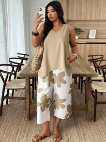 Weeklong 2pcs Plus Size Sleeveless Floral Print Casual & Resort Wear Set