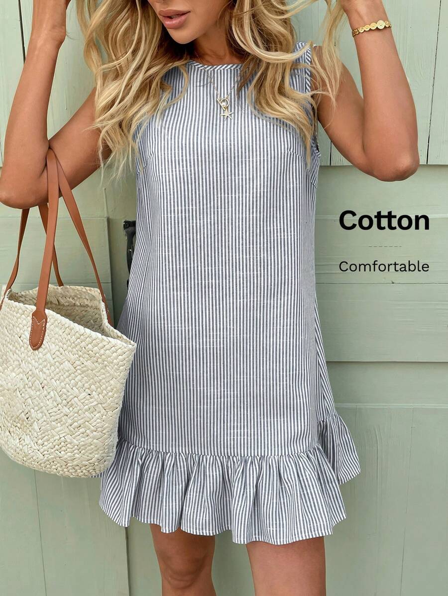 SHEIN LUNE 女式无袖圆领迷你连衣裙，蓝白假日条纹荷叶边下摆 - 藍白色 - 查看 1