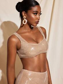 VIOLA AND VESPER Transparent Sequin Square Neck Crop Bra Top Women Summer Casual Top