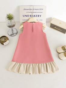 SHEIN Elladie kids Đầm công chúa đi làm đơn giản thanh lịch cổ chữ V không tay trang trí ngọc trai viền chữ A viền ren hoa phong cách Pháp cho bé gái mùa hè - Hồng - Xem 2