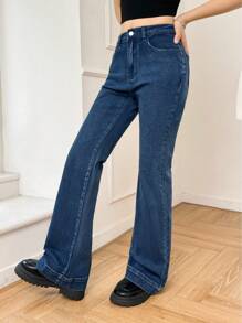 K-Vae 女士牛仔蓝夏季弹力喇叭牛仔裤，修身腰牛仔喇叭裤，毕业季喇叭裤 - 水鴨藍 - 查看 4