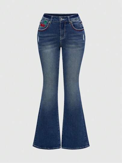 Kawaii Kawaii Women Retro American Cherry Embroidery Flared Jeans