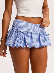 SHEIN BAE 女式条纹前系带碎花迷你裙 - 藍色 - 查看 5