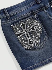 ROMWE J-Fashion Y2K Vintage Low-Waist Contrast Color Wing Embroidered Denim Mini Skirt For Women - Blue - View 3