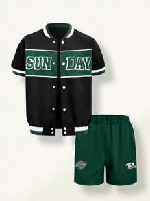 SHEIN Explorewe 2pcs/Set Teenager Boys' Sporty Patchwork Pattern Baseball Collar Short Sleeve Shirt And Shorts Set, New Design - Black - View 1