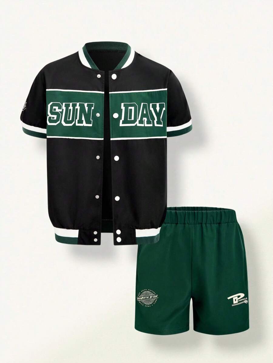 SHEIN Explorewe 2pcs/Set Teenager Boys' Sporty Patchwork Pattern Baseball Collar Short Sleeve Shirt And Shorts Set, New Design - Black - View 1