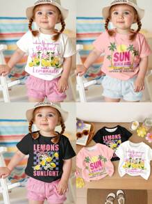 SHEIN 3pcs/Set Baby Girls Black And Pink Summer Casual Vacation Holiday T-Shirts,Round Neck Short Sleeve Island Prints,Palm Tree,Sunset,Bow,Lemon Drink Tee - Multicolor - View 3