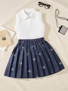 女童无袖纯色上衣和简约短裙两件套，夏季时尚风格 - 白色 - 查看 1