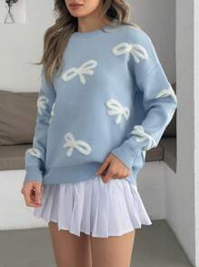 Cloudara 蝴蝶结刺绣淡蓝色毛衣/糖蝴蝶结针织毛衣 - 淺藍色 - 查看 4