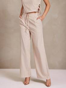 L'Amorae Women's Business Casual Pinstripe Wide Leg Work Pants, Summer For Women, Business Casual Woman, Office For Women, Work Women - Apricot - View 3